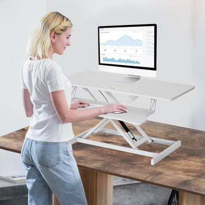 37 Inch Standing Desk Converter, Height Adjustable Desk Riser with Gas Spring Lift, Dual Monitor & Laptop Workstation, Sit Stand Desktop Converter with Wide Keyboard Tray for Home Office - color: White
