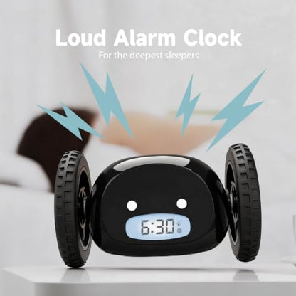 CLOCKY Runaway Digital Loud Rolling Alarm Clock for Heavy Sleeper Adults - color: Black Black Wheels