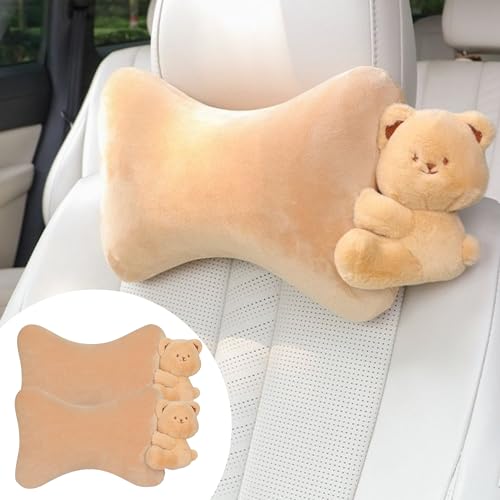 Car Headrest Pillow 2PCS Plush Bear ＆ Bunny Car Seat Headrest Pillow - Memory Foam Neck Support Cushions for Comfortable Driving, Easy Install & Washable (Brown Bear) - color: Brown Bear