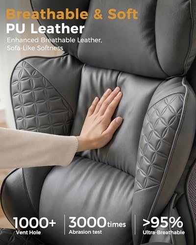COMHOMA Big and Tall Office Chair Heavy Duty Gaming Chair with Deluxe Embossing Leather High Back Wider Ergonomic Computer Chair with Foot Rest 145°Reclining Pocket Spring Lumbar Support - color: Warm Gray