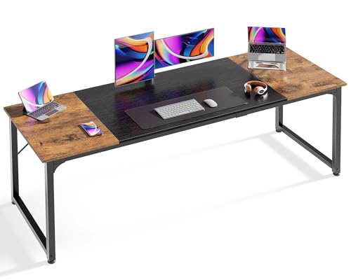 Huuger Computer Desk, 70 Inch Office Desk, Gaming Desk with Storage, Writing Desk Work Desk for Home Office, Study, Long Simple Desk, Large Legroom, Metal Frame, Rustic Brown and Black - color: Rustic Brown+black, size: 70inch