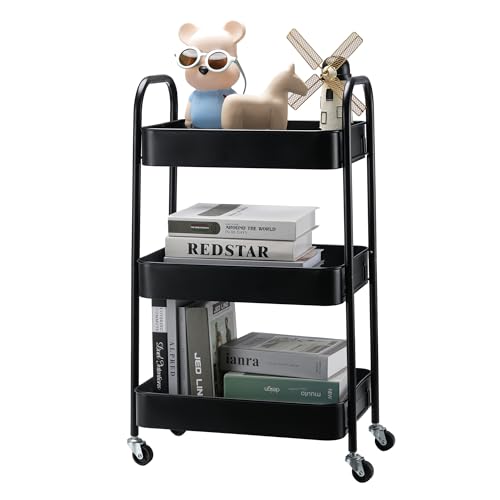SETTFRFE 3-Tier Metal Rolling Storage Cart with Lockable Wheels,Black