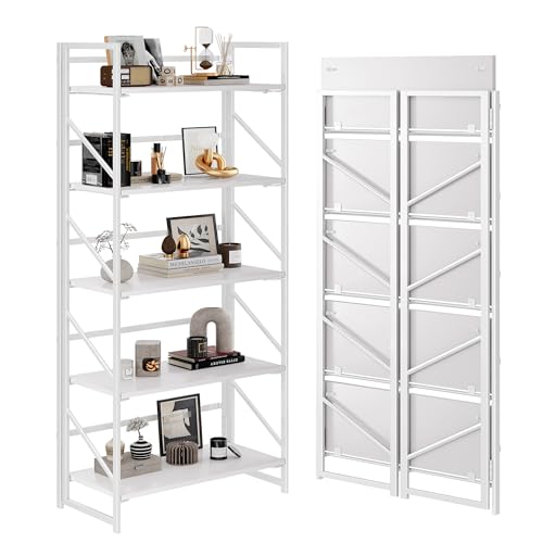 JSB No Assembly Folding Bookshelf, 5 Tier Industrial Metal Book Shelf for Storage, Vintage Wood Foldable Bookcase for Living Room, Bedroom, Office Organization Shelves - color: All White, size: Flat Tube 5-Tier