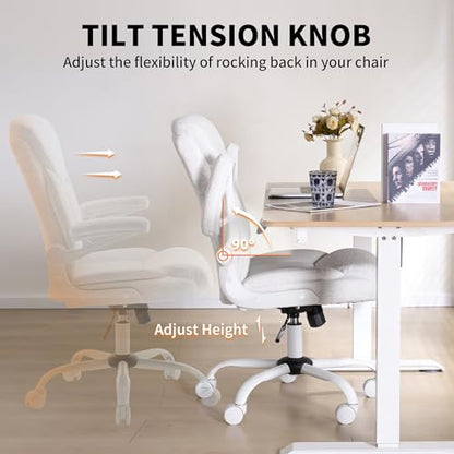 Ergonomic Home Office Chair Fabric Comfy Computer Chair, White | Flip-up Armrest, Height Adjustable, Lumbar Support, 360° Swivel Wheels Managerial Executive Chairs for Work Gaming Home Use - color: White