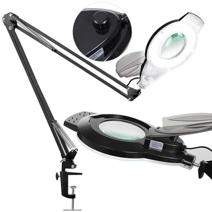 10X & 2200 Lumens Magnifying Glass with Light and Clamp, Black | 144 Flicker-free LED, Stepless Dimmable, 2×14.57" Adjustable Arm Lighted Magnifier Desk Lamp for Hobby Painting Sewing Repair - color: 10x Black