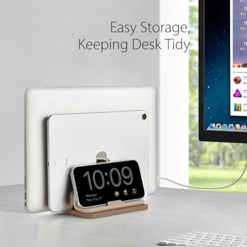 Dual Vertical Laptop Stand, 3 in 1 Upright Desktop Stand Holder with Adjustable Dock (Up to 17.3''), Leather Laptop Rack Storage Desk Organizer for Phone, Tablet, MacBook/HP/Dell/Chrome Book (Apricot) - color: Apricot
