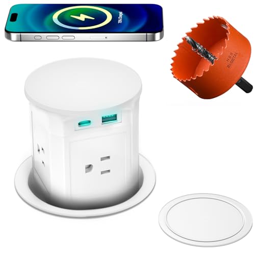 Pop Up Countertop Outlet with 15W Wireless Charger,Pop up Outlet,Max 20W USB Power Delivery,Free 3.94"（100mm） Hole Opener,Pop Up Electrical Outlet with 4 Outlets 15A, 2 USB Ports for Home Office.