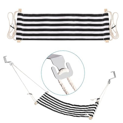 PATIKIL Foot Hammock Under Desk, Adjustable Foot Rest Sling with Hooks Portable Desk Footrest for Airplane Travel Home Office, Black White Style 1 - color: Black