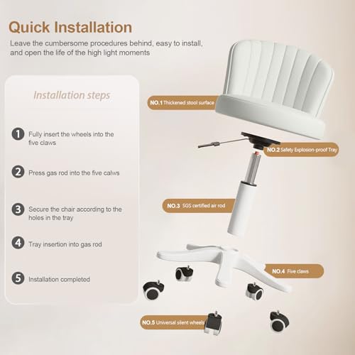 Small Round Rolling Desk Chair Armless Comfy Vanity Computer Chair with Low Backrest PU Leather Height Adjustable Swivel Work Spa Chair - color: White, style: Set of 4 with backrest