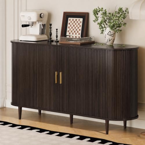 DHH Sideboard Buffet Cabinet with Storage,Mid Century Modern Fluted Accent Coffee Bar Console Table,Tambour Sliding Doors& Adjustable Shelf for Kitchen, Living Room, Entryway(Dark Walnut,55 Inch) - color: Dark Walnut, size: 55 Inch