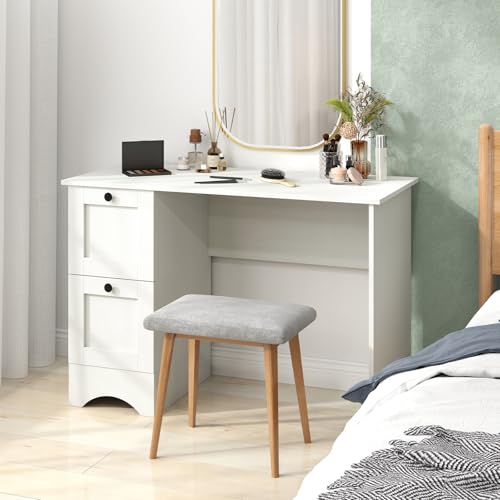 Giantex Computer Desk with 2 Drawers, 43” Wooden Home Office Desk with Charging Station, Compact Study Writing Desk, Modern Laptop PC Desk Computer Workstation for Bedroom, Living Room (White) - color: White