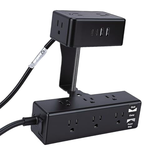 Desk Clamp Power Strip, Fire Retardant ABS with 13 AC Outlets and 4 USB Ports, Extra Long Cord for Home Office Desk (US Plug)