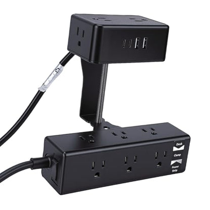 Desk Clamp Power Strip, Fire Retardant ABS with 13 AC Outlets and 4 USB Ports, Extra Long Cord for Home Office Desk (US Plug)
