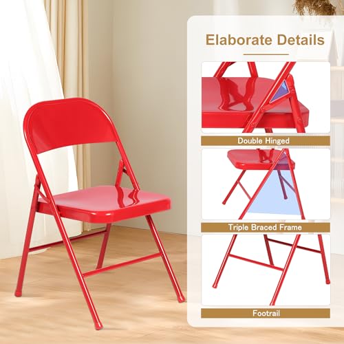 VECELO Metal Folding Chairs 4 Pack, Double Hinged Steel Frame Easy Foldable&Stackable for Office Kitchen Dinning Wedding Patio and Garden - color: Red