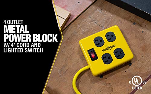 Southwire Yellow Jacket Metal Power Block - Heavy Duty Design - 4 Outlet Grounded Plug Splitter - Lighted Switch - 4 Ft Yellow Cord Plug - Durable Workshop Use - size: 4 ft