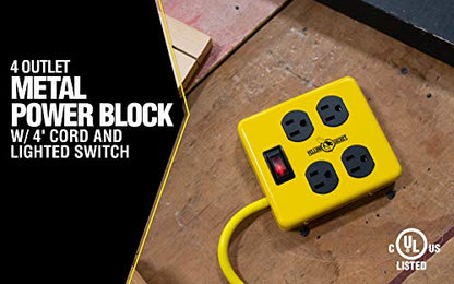 Southwire Yellow Jacket Metal Power Block - Heavy Duty Design - 4 Outlet Grounded Plug Splitter - Lighted Switch - 4 Ft Yellow Cord Plug - Durable Workshop Use - size: 4 ft