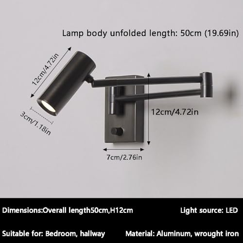 LED Swing Arm Wall Sconce with Dimmer Switch Modern Adjustable Wall Mounted Reading Lamp Black Metal Directional Task Light for Bedroom Bedside Living Room Hallway Office Dorm Art Display