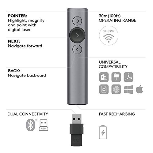 (Discontinued) Logitech Spotlight Presentation Remote - Advanced Digital Highlighting with Bluetooth, Universal Compatibility, 30M Range and Quick Charging – Slate