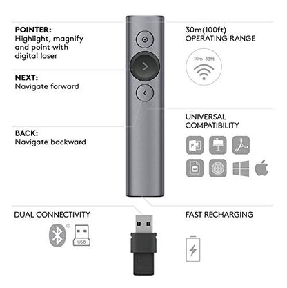 (Discontinued) Logitech Spotlight Presentation Remote - Advanced Digital Highlighting with Bluetooth, Universal Compatibility, 30M Range and Quick Charging – Slate
