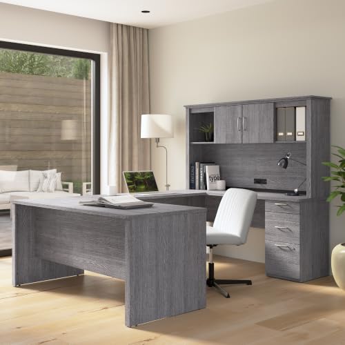 Bestar U or L Shaped Desk with Hutch and Drawers, Bark Grey, Logan, 66W | With Drawers and Hutch; The Bestar Logan U or L Shaped Desk with Drawers and Hutch offers a customizable solution - color: Bark Grey