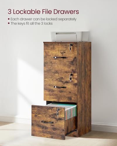 VASAGLE 3 Drawer File Cabinet with Locks, for A4, Letter Sized Documents - color: Rustic Brown, size: 3 Drawers