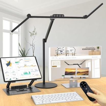 Micomlan Architect Desk Lamp with Remote Control, Adjustable Led Desk Light for Home Office with Base, 24W Bright Auto Dimming Table Light Rotatable Office Lamp with Swing Arm for Computer Cafting - color: Dark Black