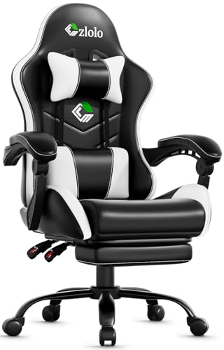 Czlolo Gaming Chair, Ergonomic Office Computer Chair with Footrest and Lumbar Support Massager High Back Video Gamer Chair, Wide＆Thick Cushion, 90°-135° Recline, Adjustable Height, Cloud White - color: Cloud White