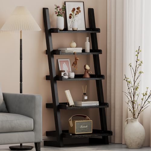 AQIMUELE Black Wooden Ladder Shelf with Edges, 5-Tier Modern Leaning Bookshelf Ladder – Stylish Space-Saving Bookcase for Living Room, Bedroom & Home Office - color: Black, size: 5-Tier