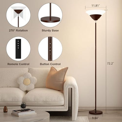 SIBRILLE Torchiere Floor Lamp, 72 Inch 30W LED Standing Lamp, 1800LM, Stepless Dimmable, 3000K-6500K, Remote and Button Control, Modern Pole Light for Living Room Bedroom Office, Brown - color: Brown