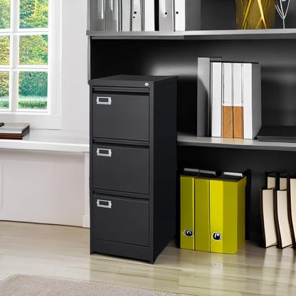 BYNSOE 3 Drawer File Cabinet with Lock Metal Vertical File Cabinet Office Home Narrow File Cabinet for A4 Legal/Letter Size,Assembly Required (Black, 3 Drawers-Vertical) - color: Black, size: 38.62"H x 17.71"D x 15"W