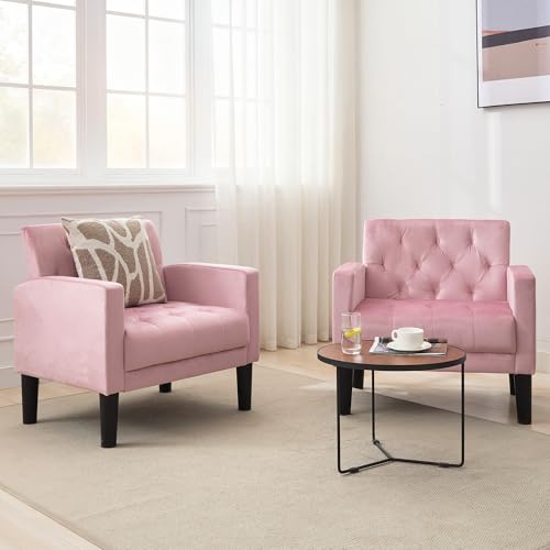 Upholstered Accent Chairs Set of 2, Tufted Armchairs for Living Room - color: Pink