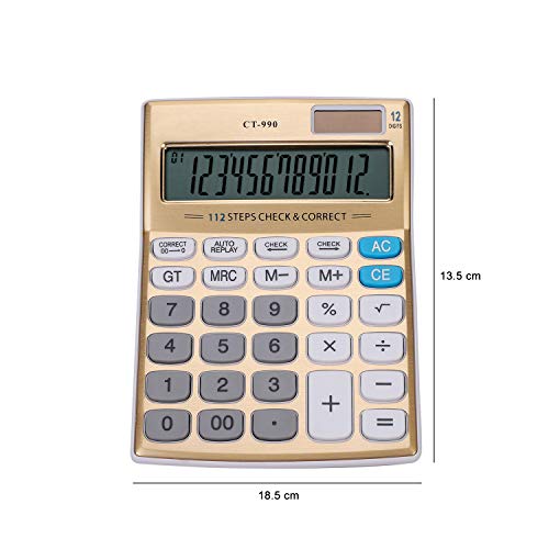Solar Powered 12 Digit Large LCD Display Standard Function Desktop Calculator, Gold