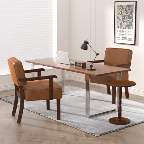 FAGAGA Accent Chairs Set of 2, 2 Solid Wood Armchairs with Side Table | Faux Leather Chair with Soft Thicken Cushion, Comfy Reading Chair for Bedroom, Waiting Room, Home Office, Easy Assembly - color: Faux Leather Brown, size: Set of 2 with table