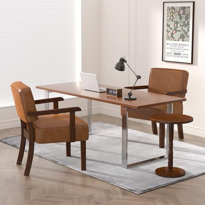 FAGAGA Accent Chairs Set of 2, 2 Solid Wood Armchairs with Side Table | Faux Leather Chair with Soft Thicken Cushion, Comfy Reading Chair for Bedroom, Waiting Room, Home Office, Easy Assembly - color: Faux Leather Brown, size: Set of 2 with table