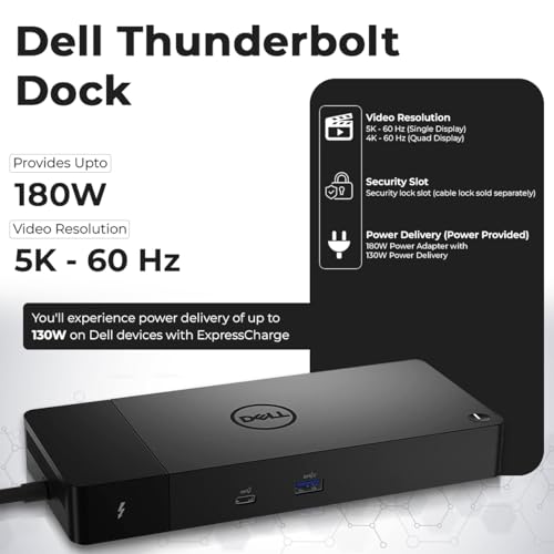 Dell WD22TB4 Thunderbolt 4 Dock - 1 Year Warranty, 40Gbps USB-C/USB A, Dell Docking Station w/ 180W Adapter, HDMI, DisplayPort, USB-C Cables - Supports 4K Displays & Upto 3 Monitors (Renewed)