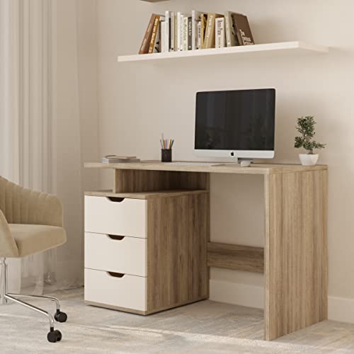 Lavish Home Computer Desk with 3-Drawer File Cabinet, Natural and White