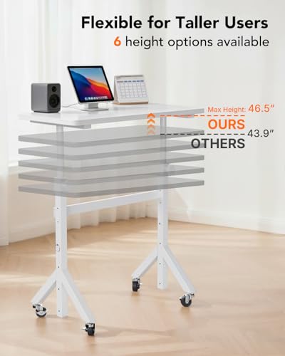 ErGear Small Standing Desk Adjustable Height, 6 Height Settings Up to 46.5″, Walking Pad Desk with Triangular Leg Design, Smooth Mobility with Lockable Wheels, Standing Desk for Walking Pad, White - color: White