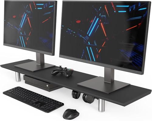 Fenge 39.4” Dual Monitor Stand with Height Adjustable Legs, Black | Wooden & Steel, Ergonomic Height 3.6" to 4.4", Underneath Storage, Holds up to 99lbs, Laptop Monitor Stand for Home Office - color: Black
