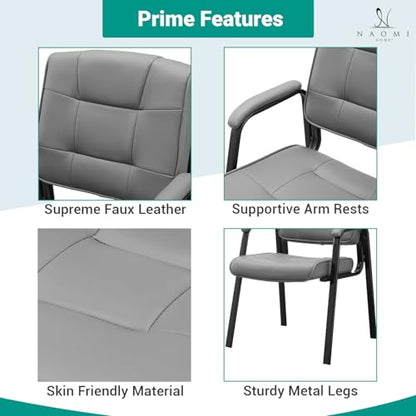 Naomi Home Faux Leather Guest Reception Chair with Armrests - Gray | Designed For Waiting Rooms, Conference Spaces And Offices With Stackable Construction, Padded Comfort And Durable Steel Legs - color: Gray, Faux Leather, style: Set of 2