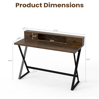 Manora Computer Desk with Drawers and Monitor Stand, 47" Home Office Desk with Storage Shelf, Rustic Brown Writing Study Table with Metal Frame for Bedroom, Workstation for Laptop PC