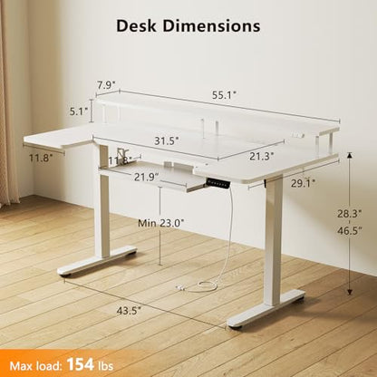 OffiGo 55 Inch U Shaped Electric Standing Desk with Keyboard Tray, White - color: White, size: 55 Inch