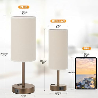 Fenmzee Touch Table Lamp - Beige, 3-Way Dimmable, USB A + C Charging, AC Outlet, 17.4inch Medium, Brown Metal Base - color: Beige - Brown, size: 17.4" Touch Control