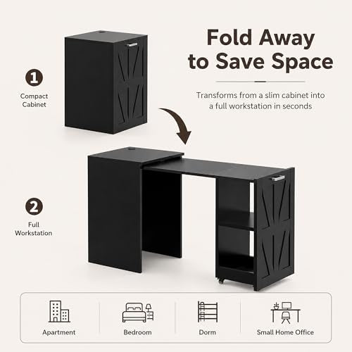 Foldable Pull-Out Desk with Charging Station and Storage, Black