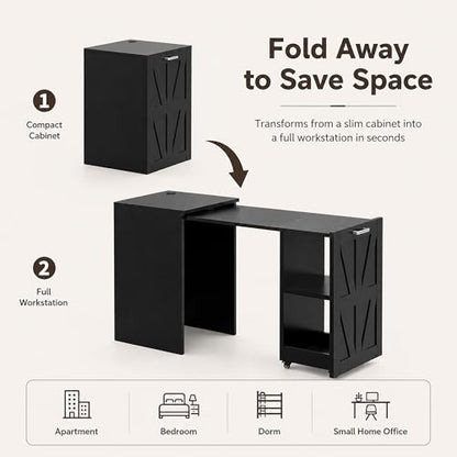 Foldable Pull-Out Desk with Charging Station and Storage, Black