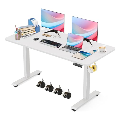 Electric Standing Adjustable Height Desk, 55'' x 24''Computer Workstations with Wheels and Double Hooks, 27''-46'' Lifting Range Stand up Desk(White) - color: White, size: 55 x 24''