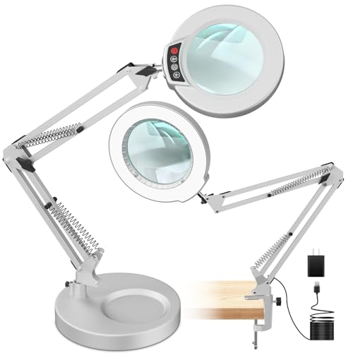 12X Magnifying Glass with Light and Stand, 5 Color Modes, Brightness Stepless Dimmable LED Lighted Magnifier Hands Free, 2-in-1 Desk Lamp & Clamp Light, Magnifier Lamp for Crafts - Silvery - color: Silvery, size: 12X 17.8inch Base & Clamp