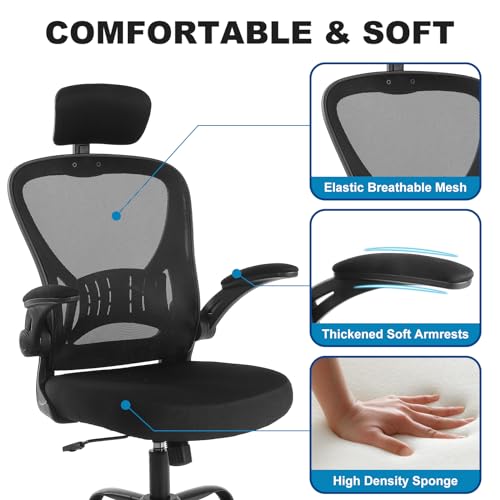 Youhauchair Adjustable Mesh Ergonomic Office Chair with Wheels, Black | Flip-up Arm, Lumbar Support, Height Adjustable, Breathable, Rocking, Mid Back Swivel Compurter Chair with Headrest, Set of 1 - color: Black, style: With Headrest