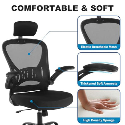 Youhauchair Adjustable Mesh Ergonomic Office Chair with Wheels, Black | Flip-up Arm, Lumbar Support, Height Adjustable, Breathable, Rocking, Mid Back Swivel Compurter Chair with Headrest, Set of 1 - color: Black, style: With Headrest