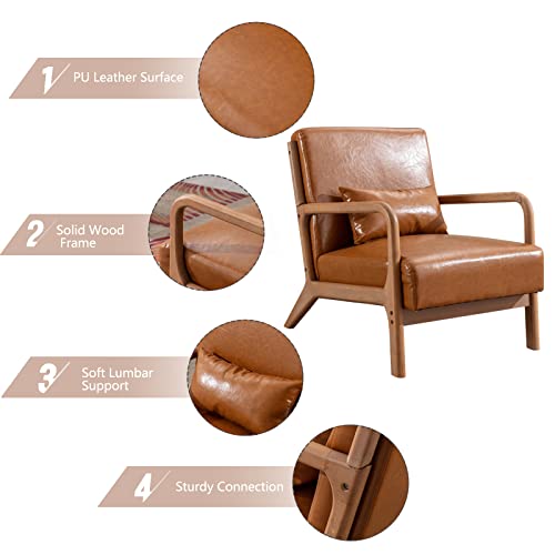 INZOY Mid Century Modern Accent Chair with Wood Frame, PU Leather Reading Armchair with Waist Cushion, Upholstered Living Room Chairs for Bedroom Sunroom (Camel) - color: A-camel