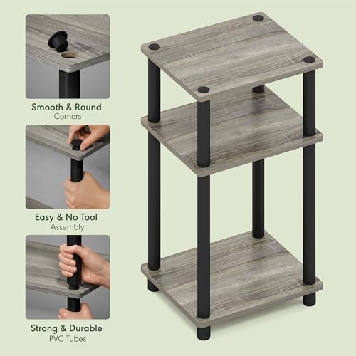 Furinno JUST Side Table, 3-Tier End Table, Open Shelves Night Stand, Bedside Table, Toolless Assembly, for Living Room, Bedroom, Bathroom, French Oak - color: French Oak Grey/Black, size: 3-Tier, Round Pole, style: 1-Pack